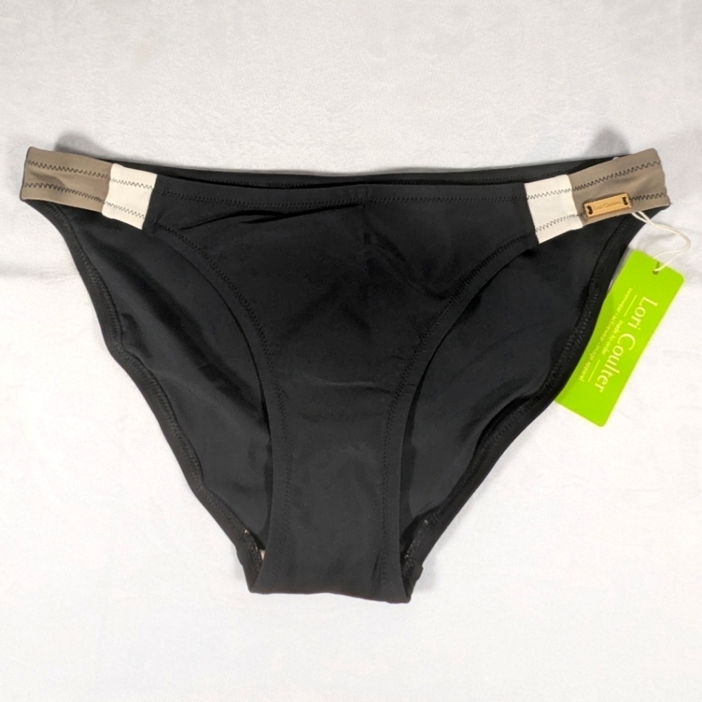 NWT Lori Coulter Black Low-Rise Bikini Bottoms with Light Brown & White Accents